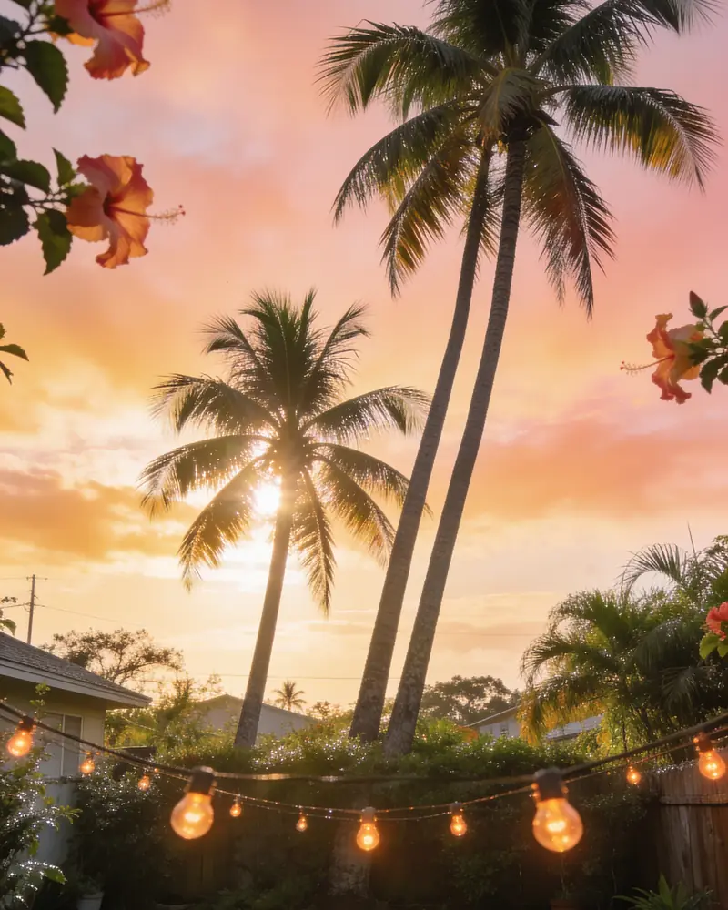 Palms at sunrise over a set table