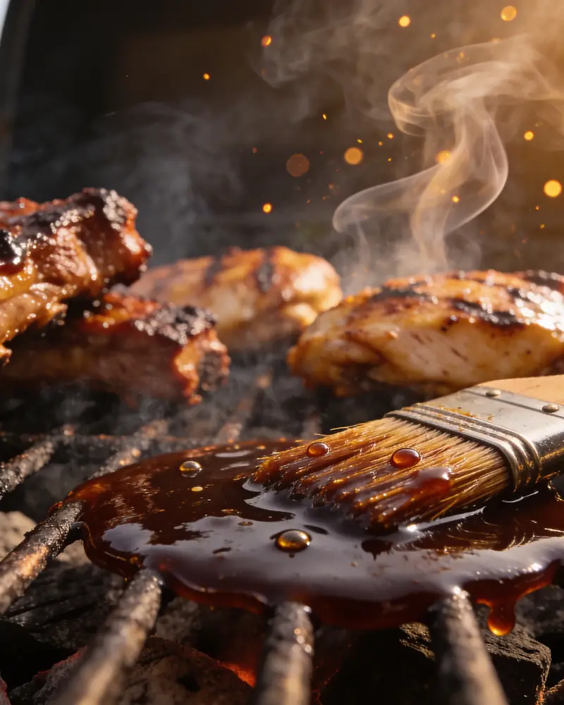 Ribs and chicken on a charcoal grill being brushed with BBQ sauce