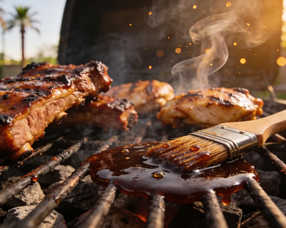 Chicken and ribs brushed with BBQ sauce on a grill