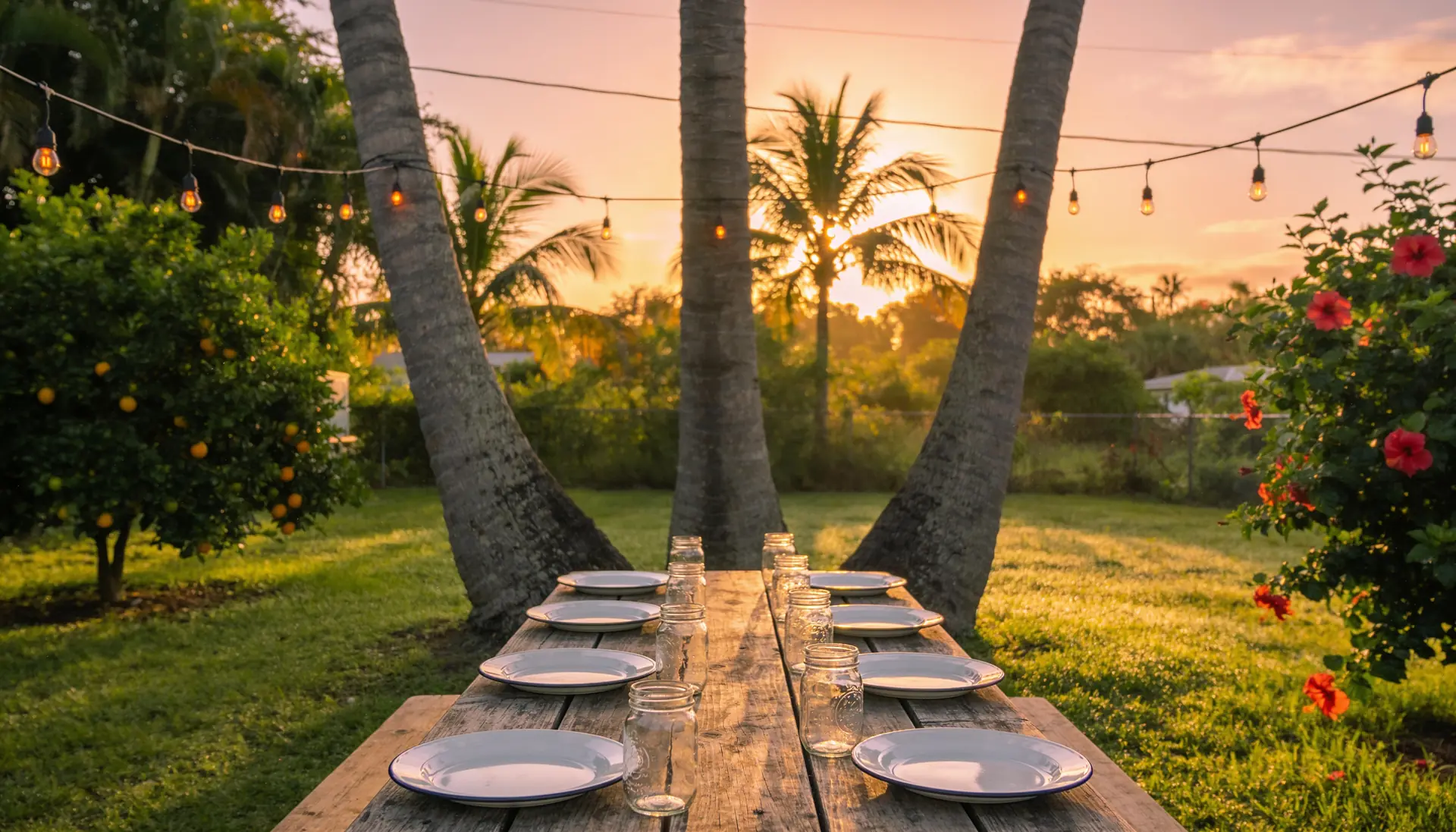 A Florida backyard garden at sunrise, three palms over a set picnic table
