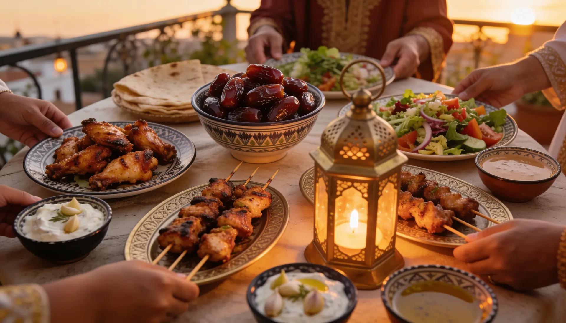 An iftar table at sunset with dates, chicken wings, salads and dips