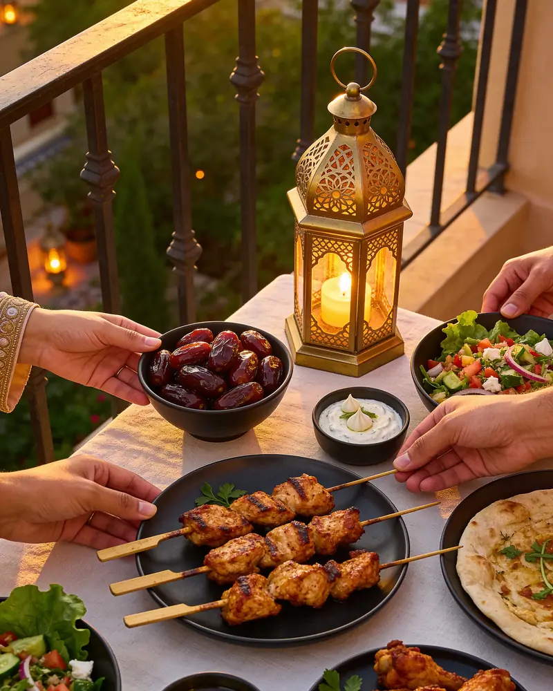 An iftar table on a balcony at dusk with a lantern, dates, grilled chicken, bread and dips