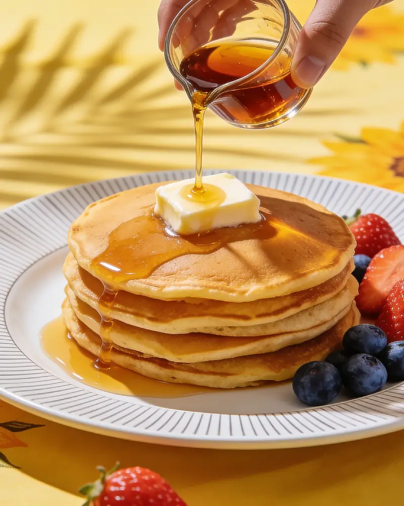 Pancakes with syrup on a sunflower tablecloth