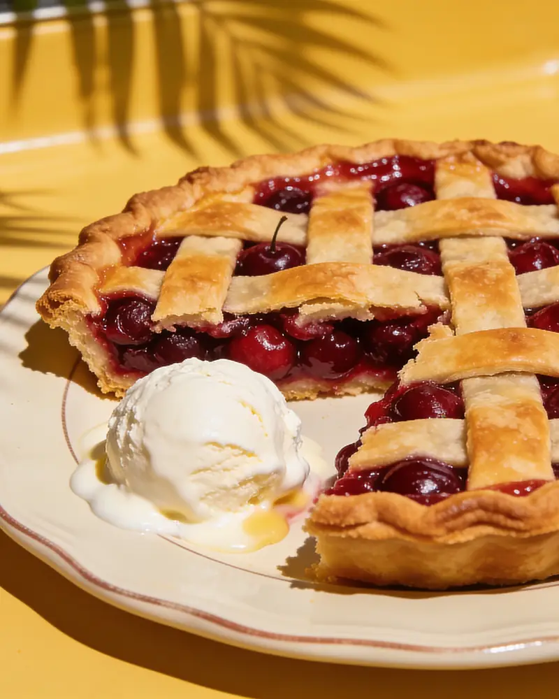 Lattice cherry pie with a slice cut and vanilla ice cream