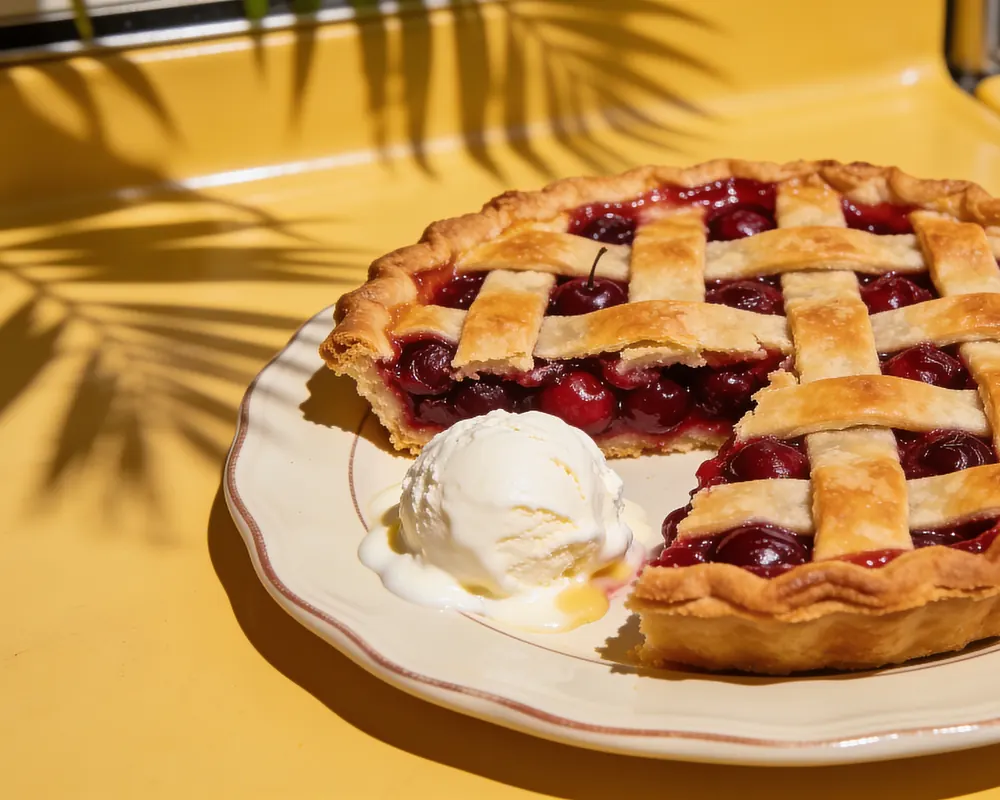 A cherry lattice pie with a slice cut
