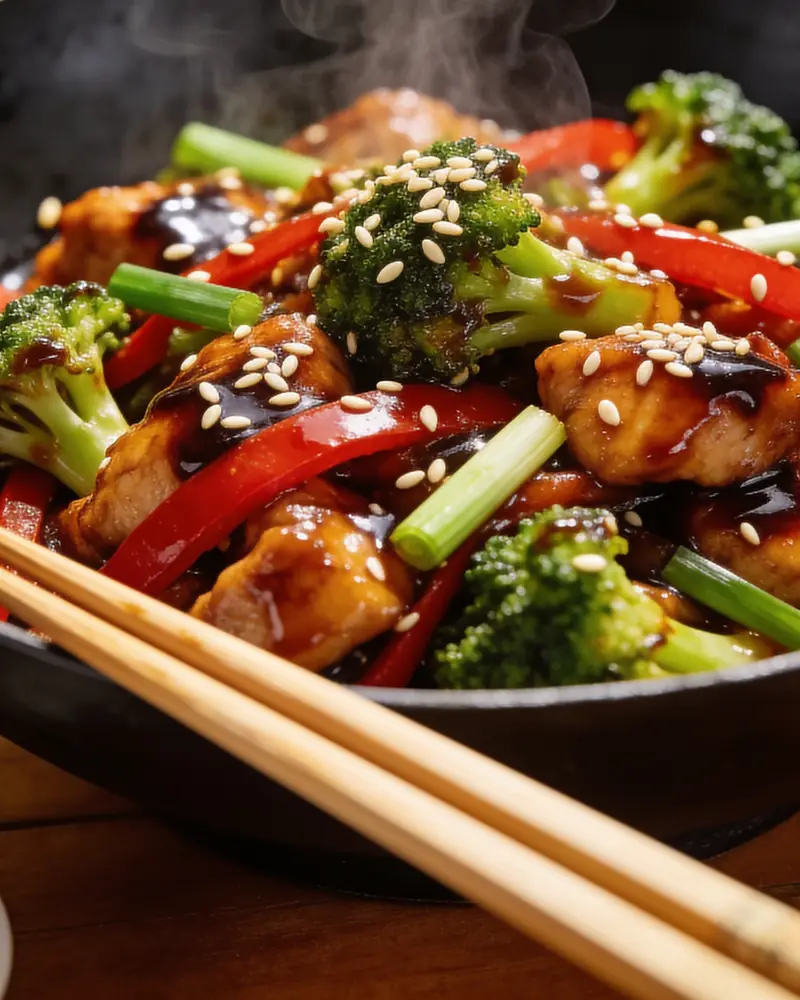 Teriyaki chicken stir-fry in a wok